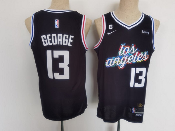 Youth Los Angeles Clippers #13 Paul George 2022/23 Black With No.6 Patch City Edition Stitched Basketball Jersey